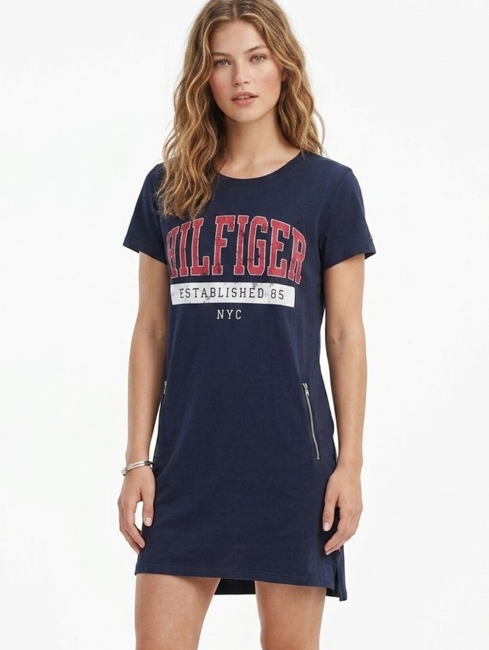 Tommy Hilfiger Sport Graphic T-Shirt Dress Navy Blue Mini Zipper Pockets Large